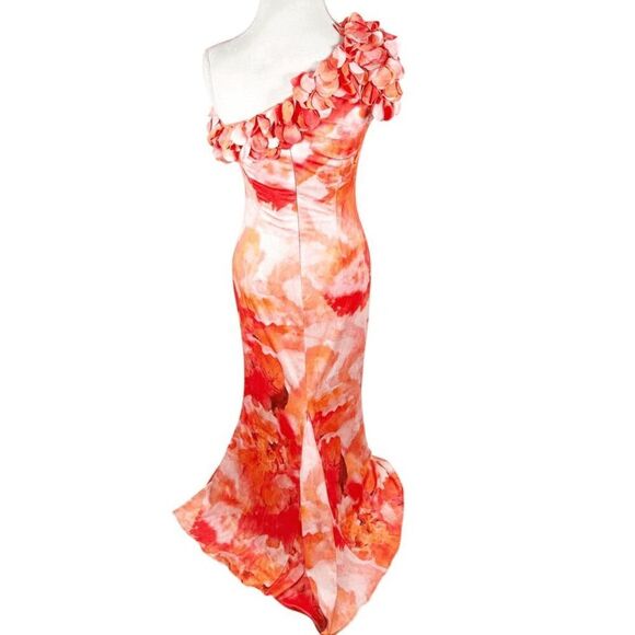 Rene Ruiz Collection One Shoulder 3D Applique Gown Fit Flare Dress Orange Size 2 - Picture 3 of 13